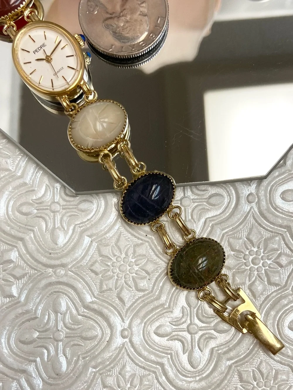 Vintage Pedre Scarab Bracelet Egyptian Revival Gold-tone Ladies Watch